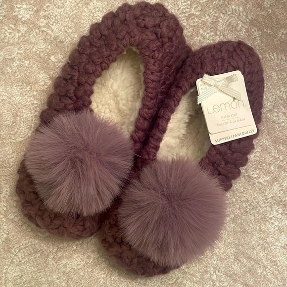 Brand New Lemon Popcorn Pom Pom Ballerina Slippers Knit Slip On Sherpa Purple - Picture 1 of 10